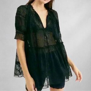 Free People Womens Blouse SP Black Eyelet Boho Semi Sheer Ruffle Puff Sleeve